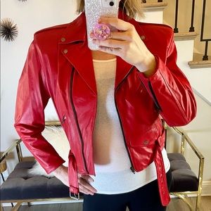 Vintage Red Leather Overland Outfitters Motorcycle Jacket. Womens Size Petite.